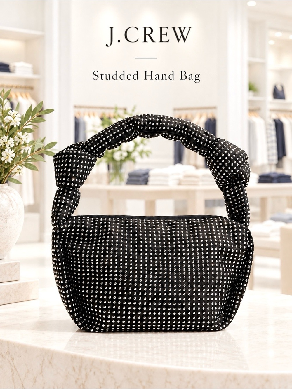 J. Crew Studded Satin Double -Knot Hand Bag Zip Closure Interior Slip Pocket New